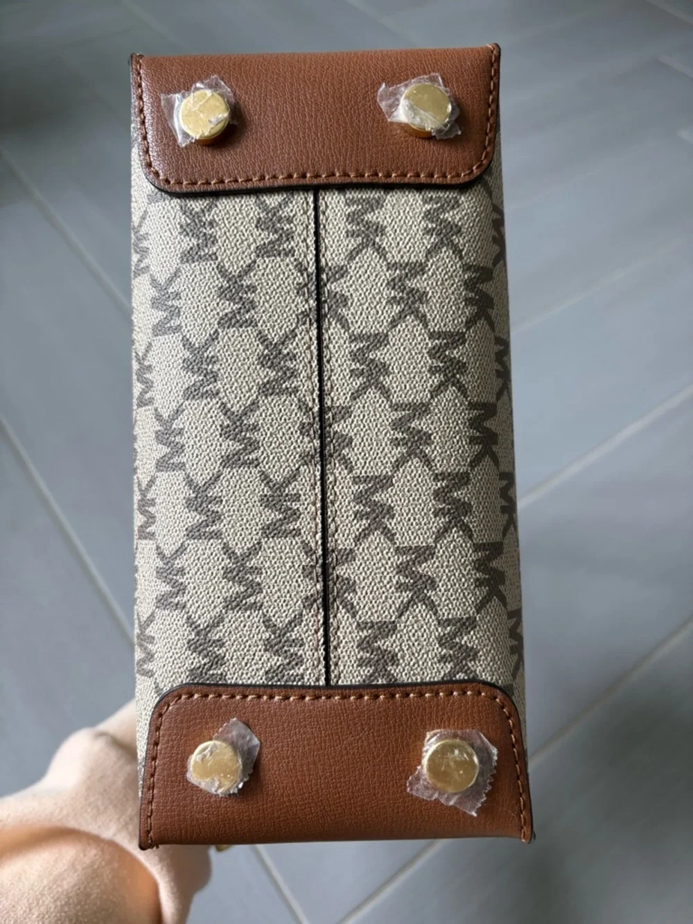 Michael Kors Medium Mercer Canvas Crossbody | Tan and Beige with Logo Print